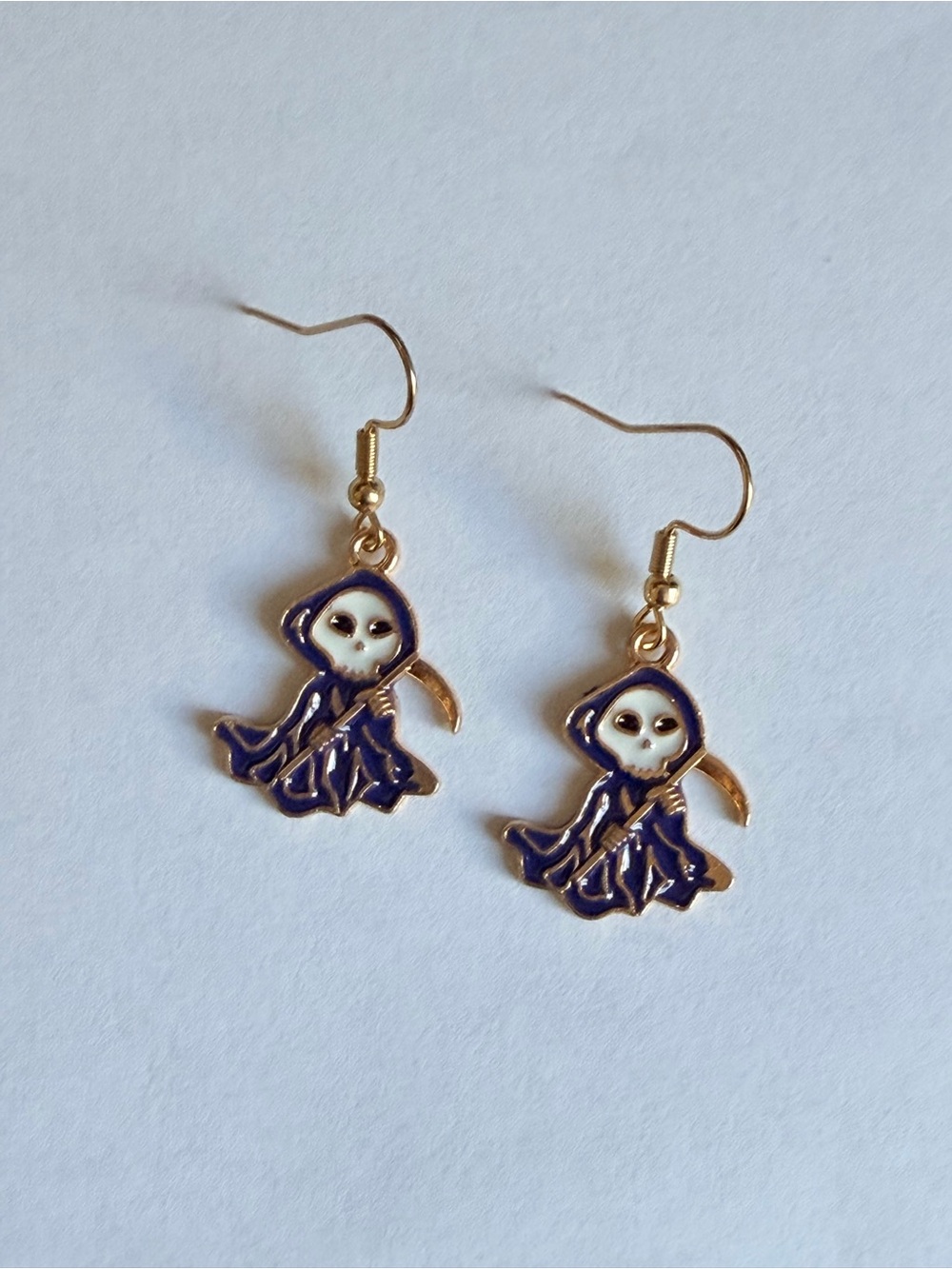 3/$30 Gold-Tone Purple Grim Reaper Dangle Earrings Halloween Jewelry